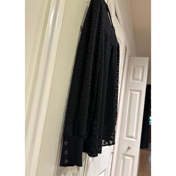 Skies Are Blue Black Knit Clip Dot Sheer Back Chiffon Sleeves Button Cuff Blouse - Picture 11 of 12